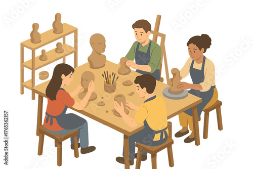 Young artists sculpting clay in art class with diverse group of adults