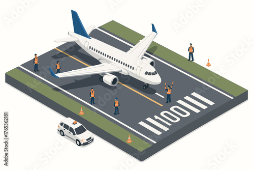 Airplane on runway with ground crew and vehicle in isometric view