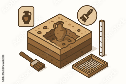 Archaeological dig illustration with ancient pottery and tools