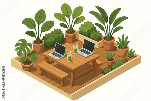 Cozy outdoor workspace with laptops and refreshments among lush green plants