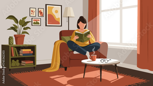 Woman relaxing in a cozy living room, reading a book by the window.