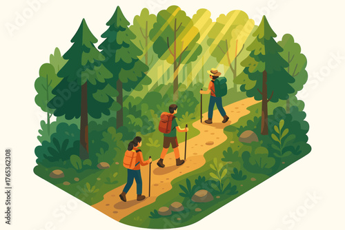 Cartoon illustration of diverse adults hiking in sunlit lush green forest trail