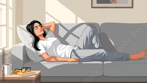 Woman relaxing on a couch in a sunlit room, eyes closed.