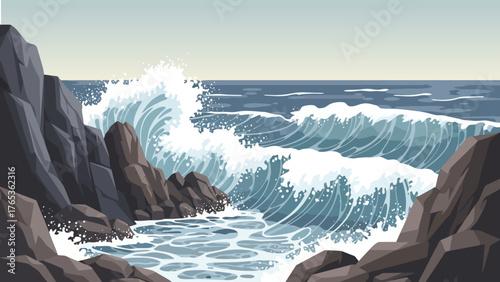 Coastal scene featuring large waves crashing against dark, jagged rocks under a bright sun.