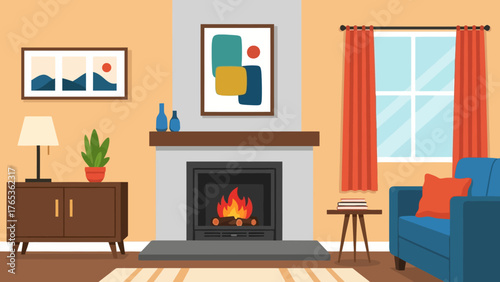 Cozy living room interior with a burning fireplace, blue armchair, and modern wall art.