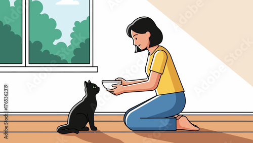 A woman kneels on the floor, offering a bowl of food to a black cat sitting attentively.