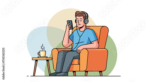 Illustration of a relaxed man listening to music with headphones and smartphone while sitting in an armchair with a hot drink.