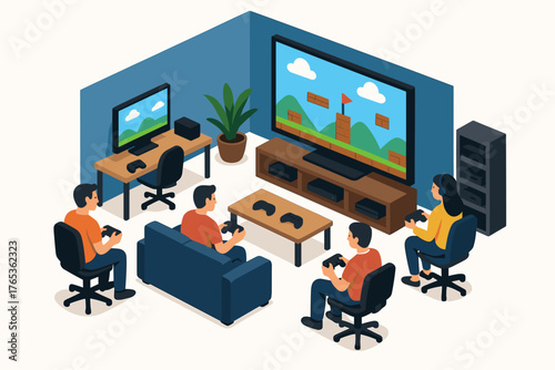 Caucasian young adults gaming together on consoles in a cozy living room setup