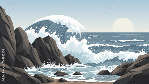 Coastal scene featuring large waves crashing against dark, jagged rocks under a bright sun.