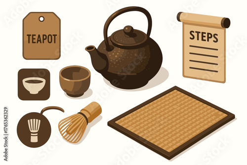 Traditional tea ceremony items with teapot and accessories illustration