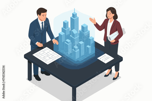 Male and female architects discussing 3d building model at table