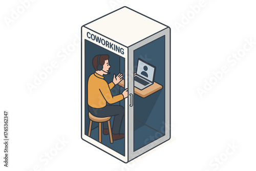 Caucasian male adult in coworking booth using laptop and headset