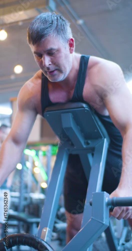 Gym workout. Back exercise. Vertical 4k video of a middle aged Caucasian man trains his back muscles in the gym. Middle-aged man trains back with precise form during an intense gym workout.