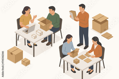 Team of mixed-gender adults engaged in box assembly and computer work at office tables