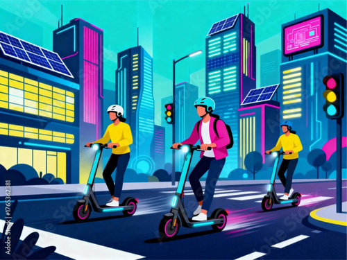 Electric Scooter Commute City Riders Enjoying a Vibrant Urban Environment on Scooters