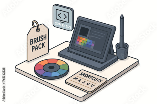 Digital art workspace with tablet, stylus, and color palette for creative design