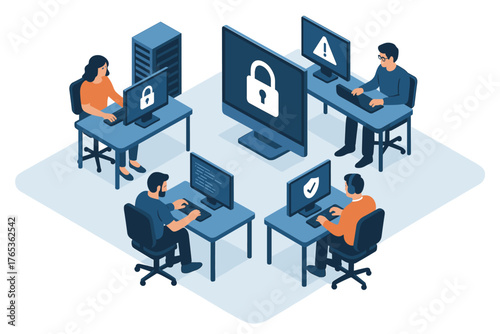 Cybersecurity team in office: diverse adults working on digital security