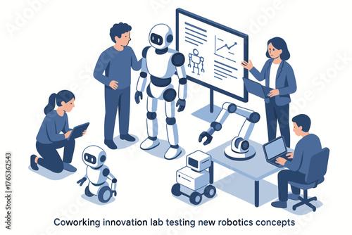 Coworking space with diverse team testing robotics in innovation lab