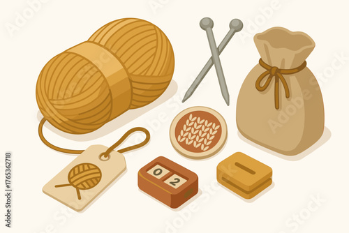 Wool yarn with knitting tools and accessories for crafting
