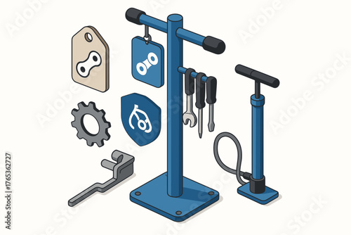 Isometric bicycle repair tools set with pump and wrench icons