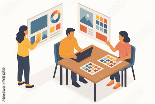 Young adults discuss graphic design concepts in collaborative meeting