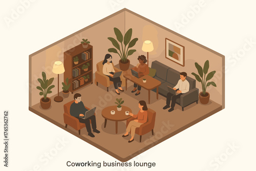 Diverse group of adults in cozy lounge area collaborating and relaxing