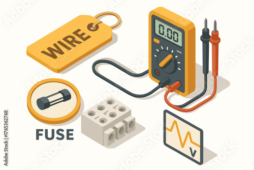 Multimeter tools with wire, fuse, and connectors for electrical testing
