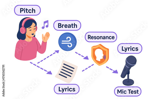 Female singer with headphones demonstrating vocal techniques and mic test