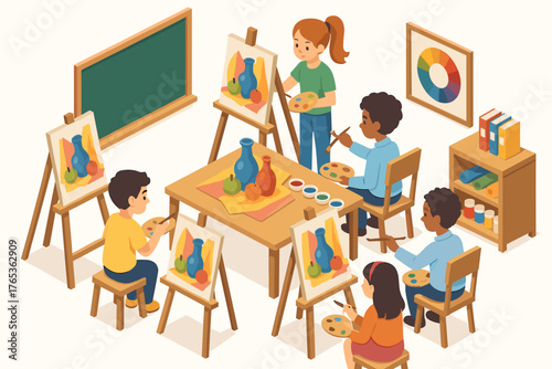 Diverse children engaged in art class painting still life on easels