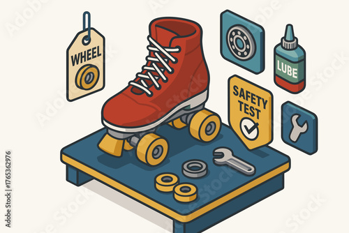 Roller skate assembly with tools and safety test sign on workbench