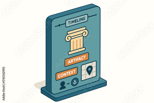 Isometric museum exhibit timeline with artifact and context display