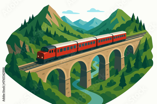 Red train on stone bridge amidst green mountains and river scenery