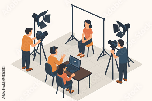 Behind the scenes: diverse crew filming a female subject with professional equipment