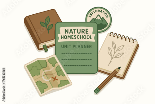 Nature homeschool unit planner with map, journal, and exploration badge illustration