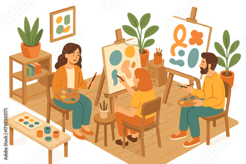 Diverse art class with caucasian adults and child engaged in painting in warm studio setting