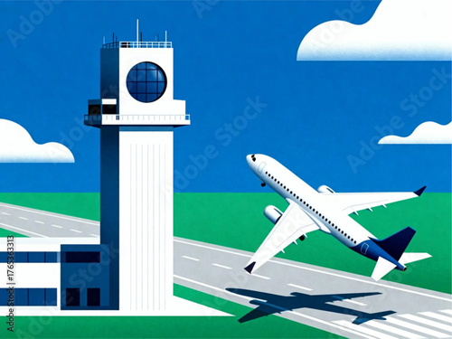Airplane taking off from an airport control tower in a vibrant illustration