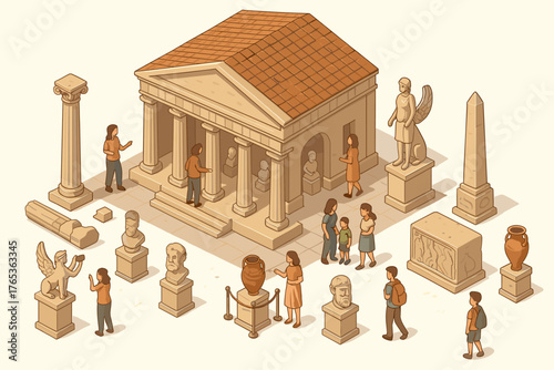 Diverse visitors explore historical museum with ancient sculptures and artifacts