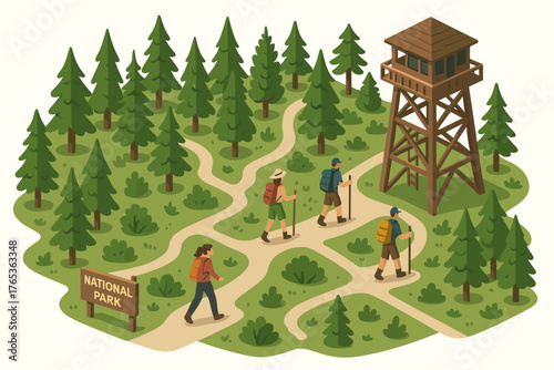 Hiking in national park: diverse group exploring trails and observation tower