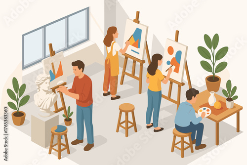 Young caucasian adults engaged in artistic painting in studio