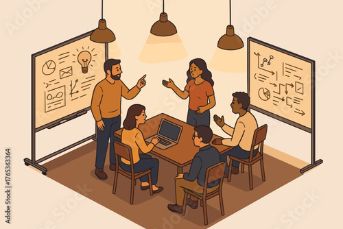 Collaborative team meeting with diverse adults brainstorming in modern office setting