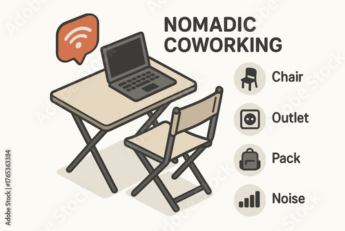 Nomadic coworking essentials: chair, outlet, pack, noise control for remote work