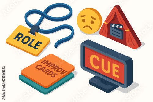 Theater elements: role badge, improv cards, cue screen, sad face, clapperboard