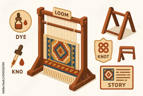 Vintage wooden loom with dye and knot symbols showcasing traditional weaving techniques