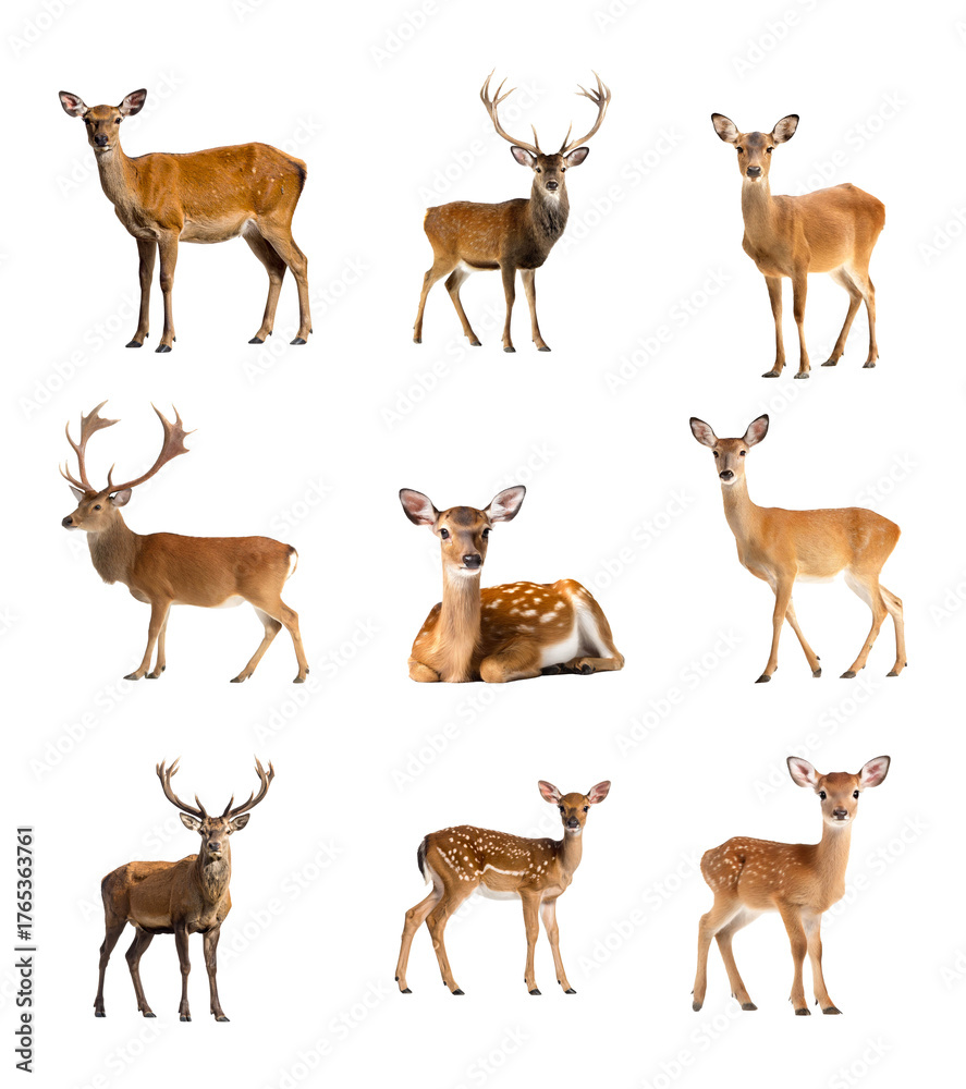 Fototapeta premium Set aus Reh und Hirsch – isoliert auf weißem Hintergrund, Freisteller, Wildtiere, transparent