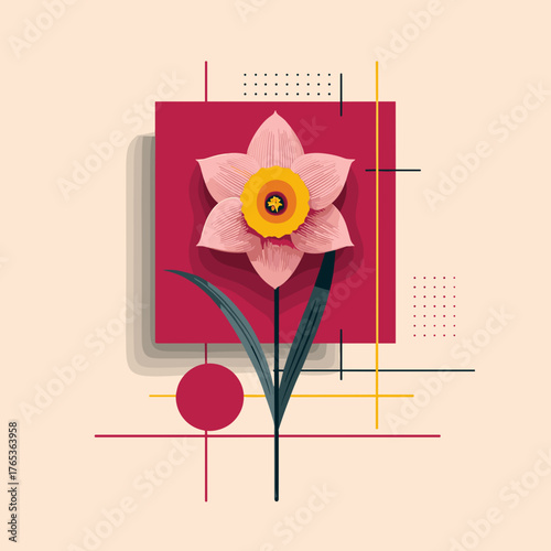 A stylized geometric illustration of a daffodil with pink petals and a yellow-orange center, set against a red square with modern abstract lines and shapes.