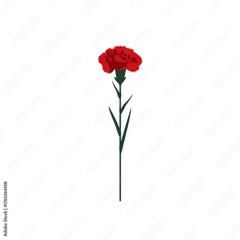 Obraz premium Minimal vector illustration of red carnation flower with green stem and leaves on white background