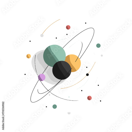 A modern abstract composition with colorful 3D spheres and orbital lines, featuring green, yellow, black, and purple tones on a white background.