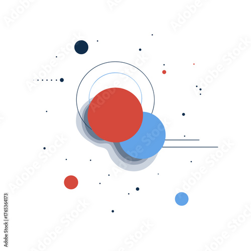 A modern abstract composition of red and blue circles with thin lines and small dots on a white background.