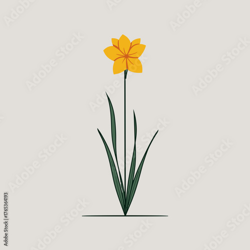 A minimalist daffodil illustration with a stylized yellow flower and long slender green leaves, drawn with clean lines on a white background.