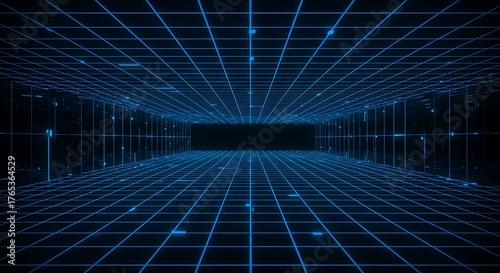 Fototapeta Naklejka Na Ścianę i Meble -  デジタル空間の幾何学模様 青色発光